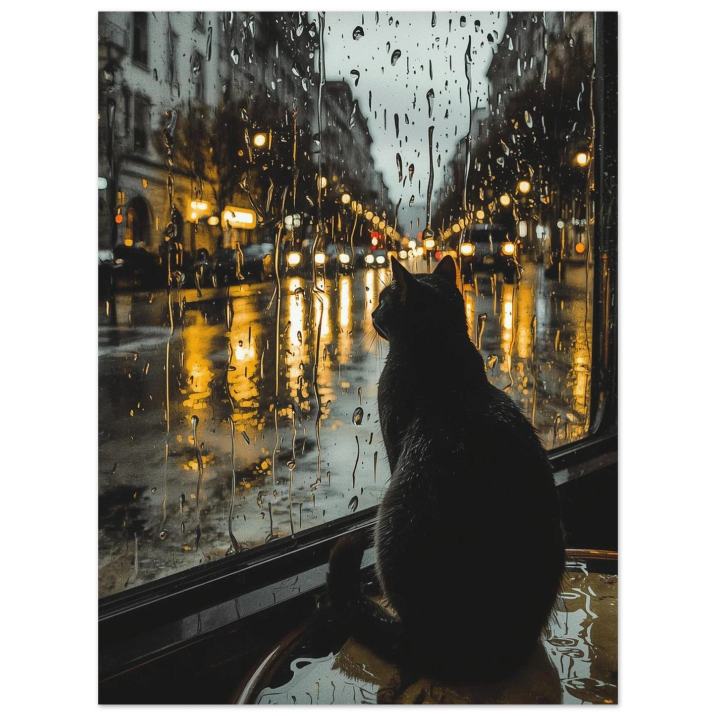 Gatubelysning reflekteras i fönsterglas bredvid sittande svart katt – poster