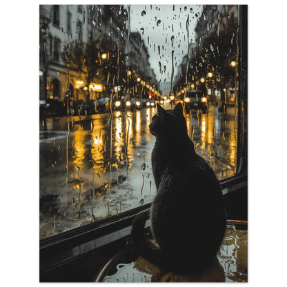 Gatubelysning reflekteras i fönsterglas bredvid sittande svart katt – poster