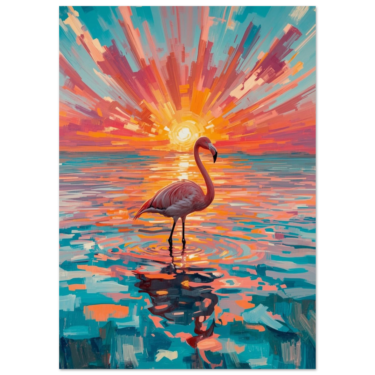 Färgstark djurposter med flamingo som speglas i havets varma reflektioner