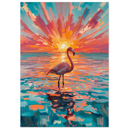 Färgstark djurposter med flamingo som speglas i havets varma reflektioner