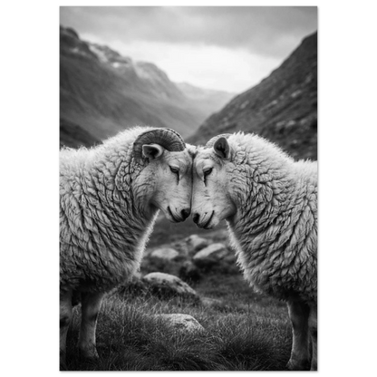 Närbild på svartvit poster utan ram med två får framför bergskedja – Fotorealistisk poster