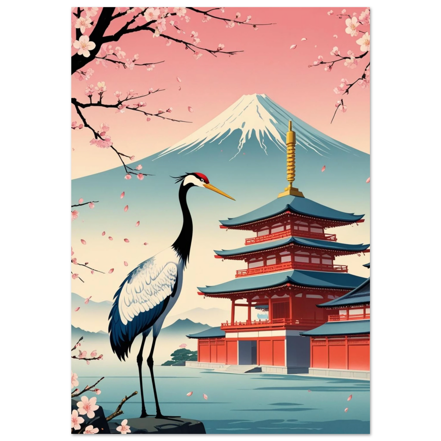 Trana framför röd pagoda och berget Fuji – japansk djurposter