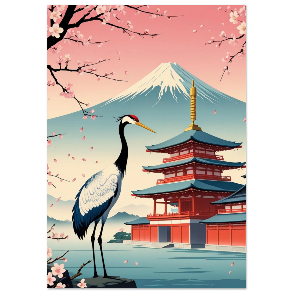 Trana framför röd pagoda och berget Fuji – japansk djurposter