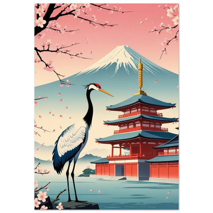 Trana framför röd pagoda och berget Fuji – japansk djurposter