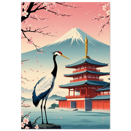 Trana framför röd pagoda och berget Fuji – japansk djurposter