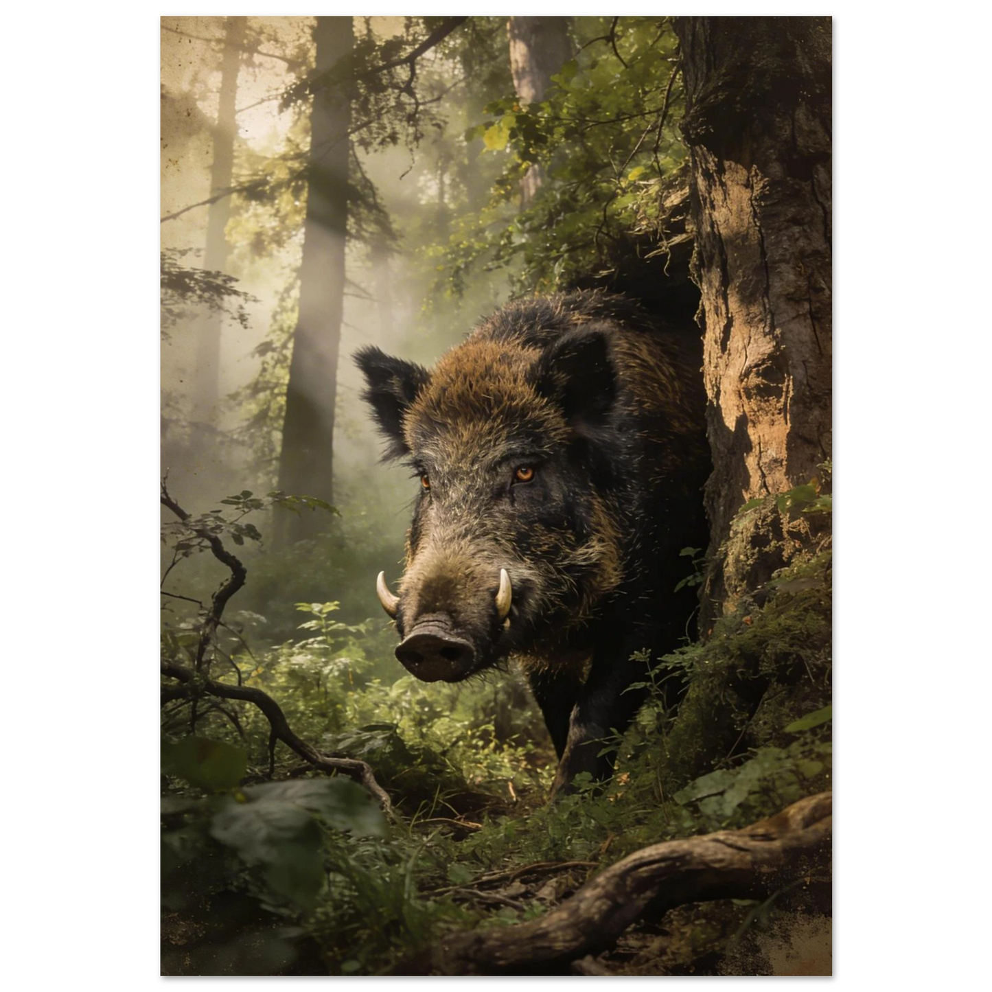 Vildsvin som kliver fram ur en dimmig skog – fotorealistisk djurposter
