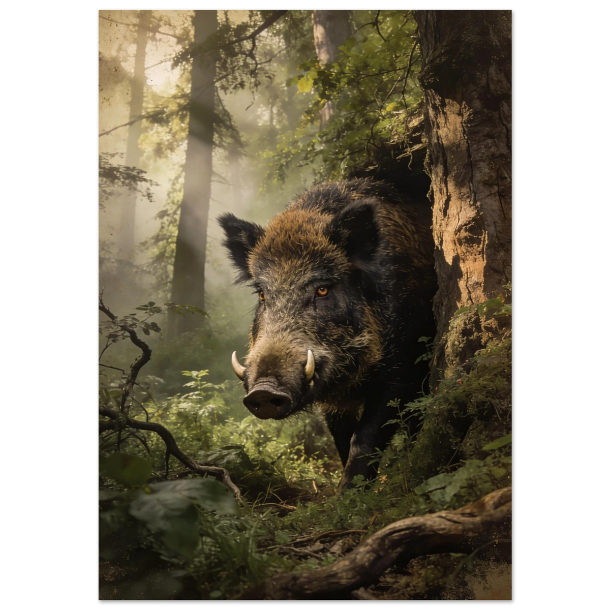Vildsvin som kliver fram ur en dimmig skog – fotorealistisk djurposter
