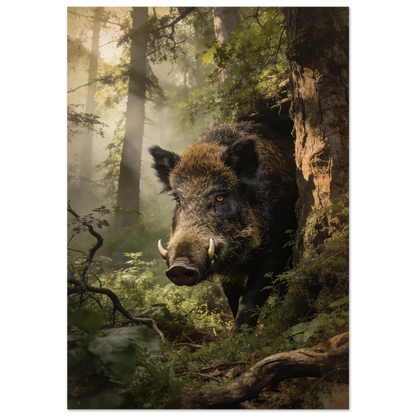 Vildsvin som kliver fram ur en dimmig skog – fotorealistisk djurposter