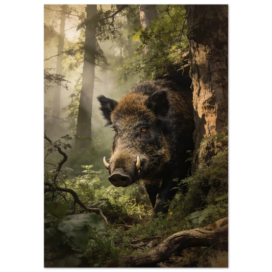 Vildsvin som kliver fram ur en dimmig skog – fotorealistisk djurposter