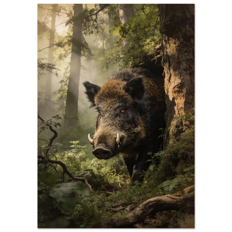 Vildsvin som kliver fram ur en dimmig skog – fotorealistisk djurposter