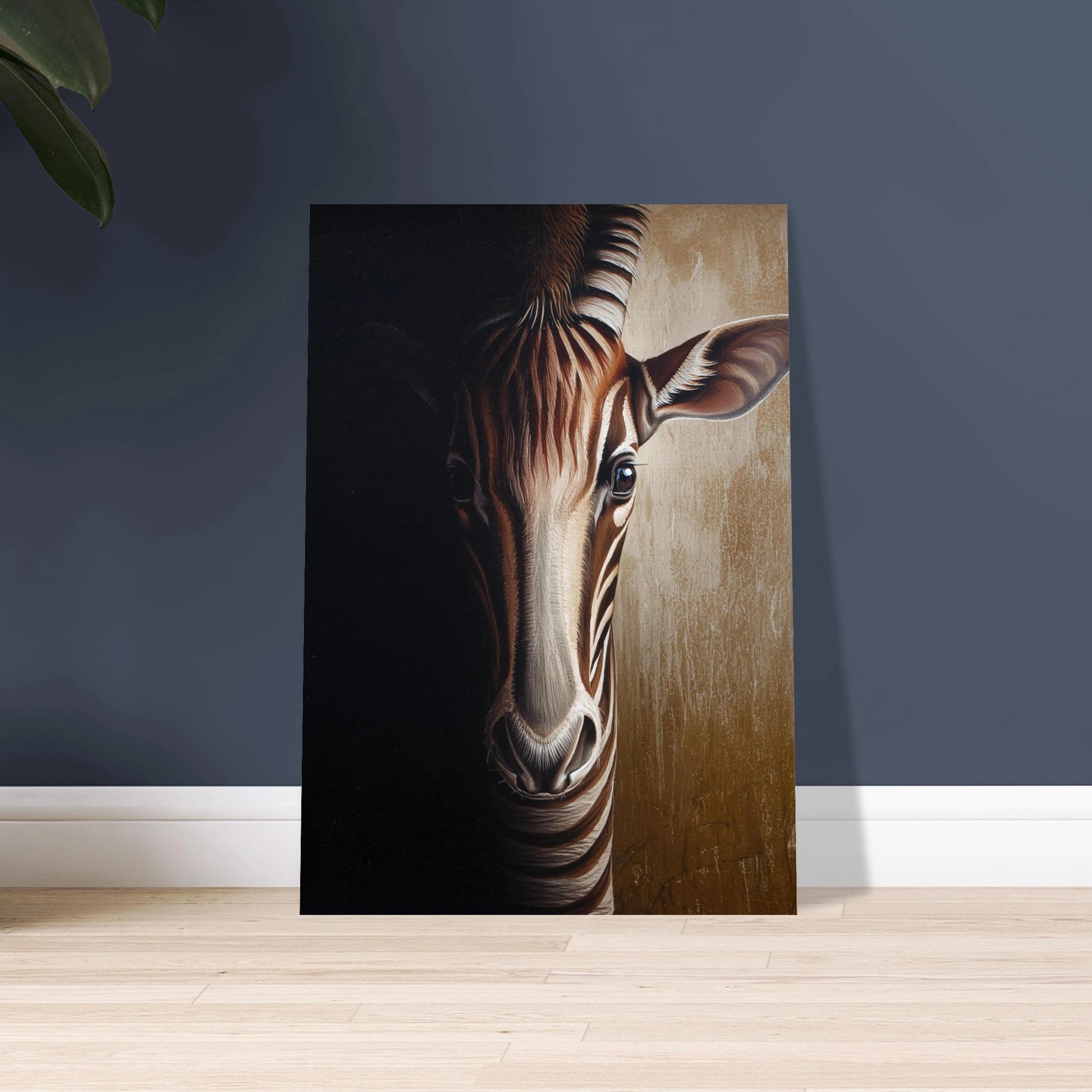 Majestätisk okapi framträder ur mörkret, konstnärlig och mystisk stämning.