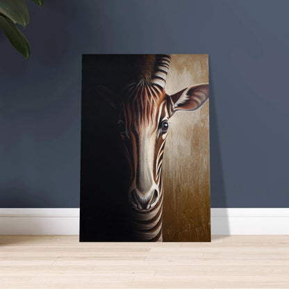 Majestätisk okapi framträder ur mörkret, konstnärlig och mystisk stämning.