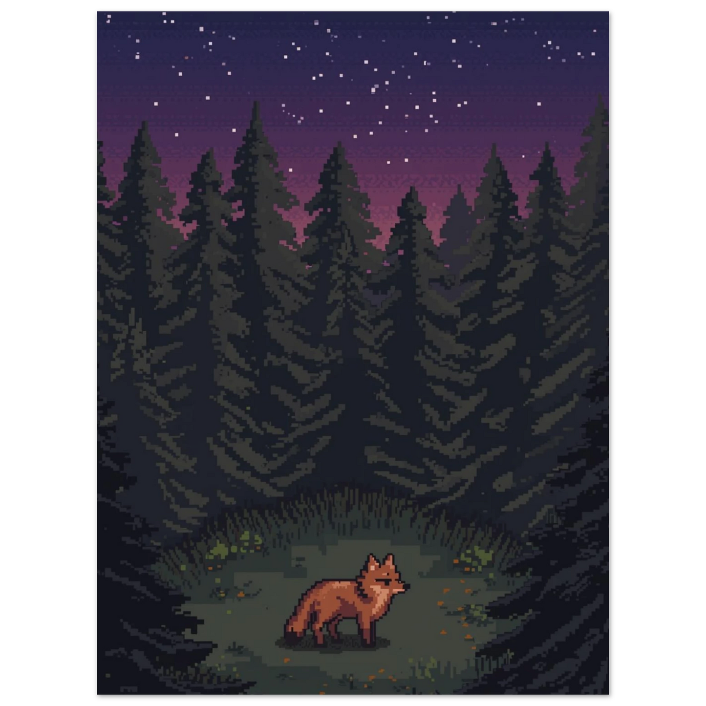 Stämningsfull pixelgrafik med räv och stjärnor i ett nattligt skogslandskap