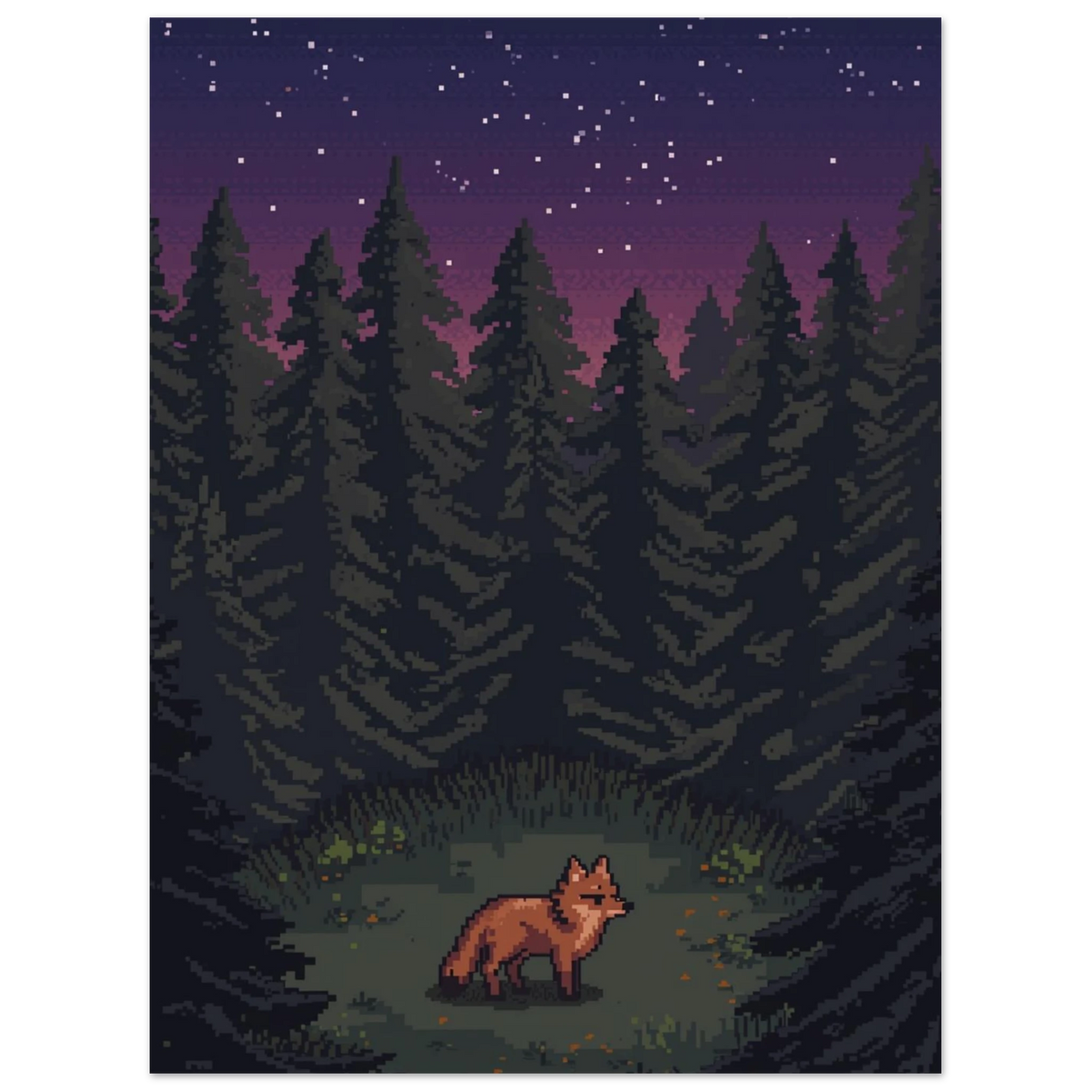 Stämningsfull pixelgrafik med räv och stjärnor i ett nattligt skogslandskap