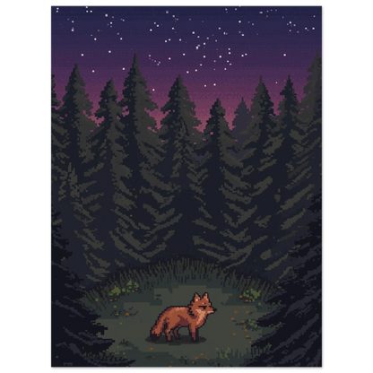 Stämningsfull pixelgrafik med räv och stjärnor i ett nattligt skogslandskap