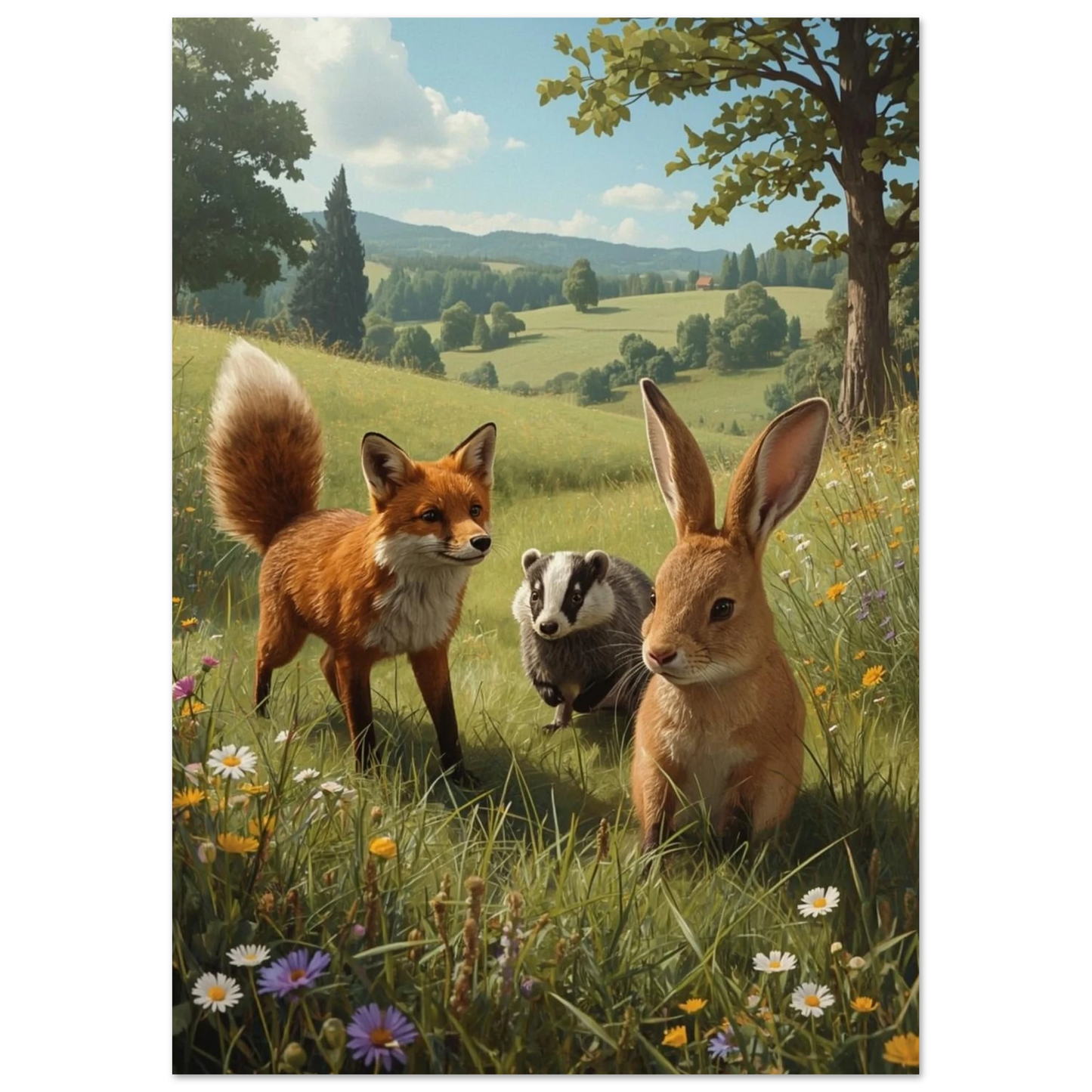 Målad bild av kanin, räv och grävling i gräsfält med blommor och träd. – Målad poster