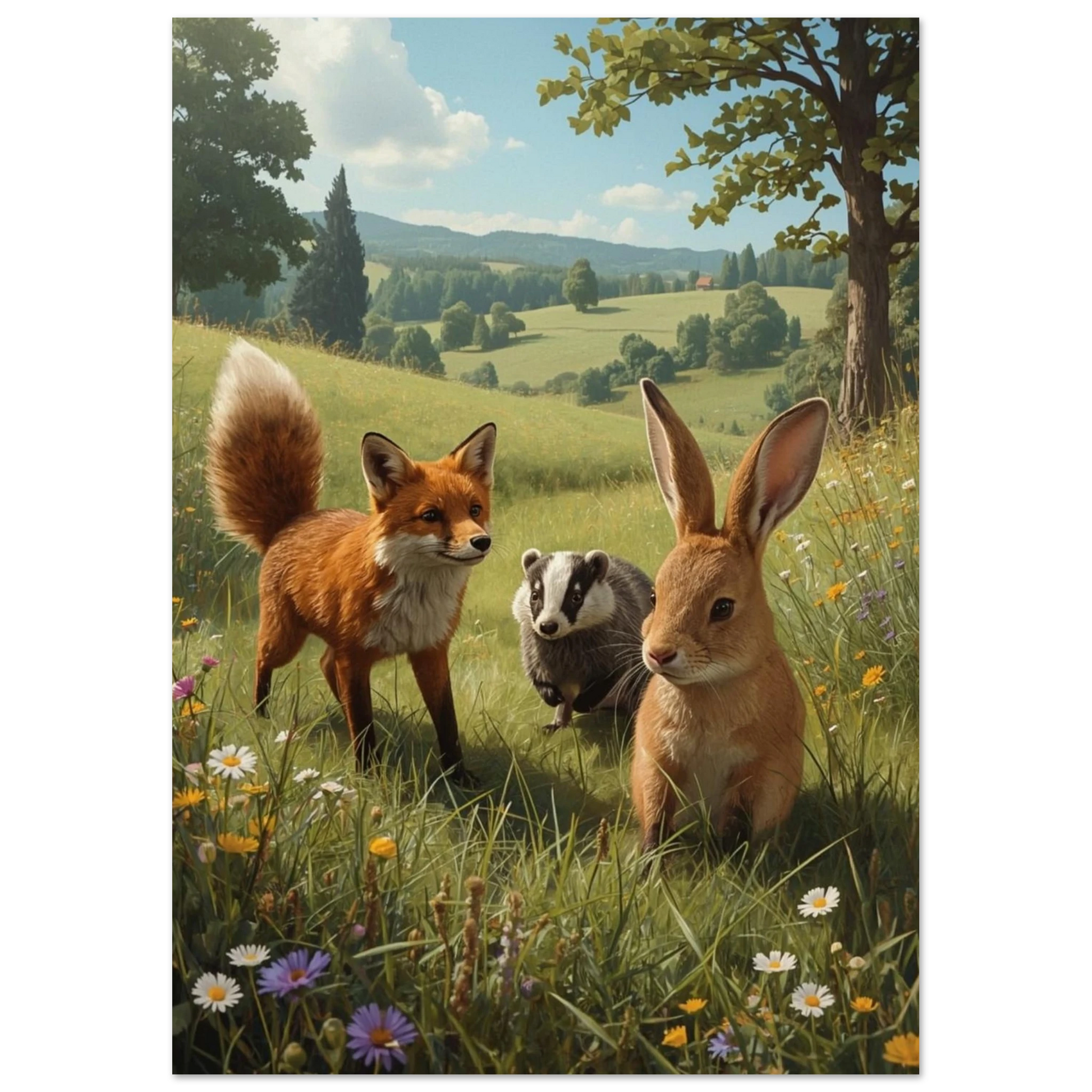 Målad bild av kanin, räv och grävling i gräsfält med blommor och träd. – Målad poster