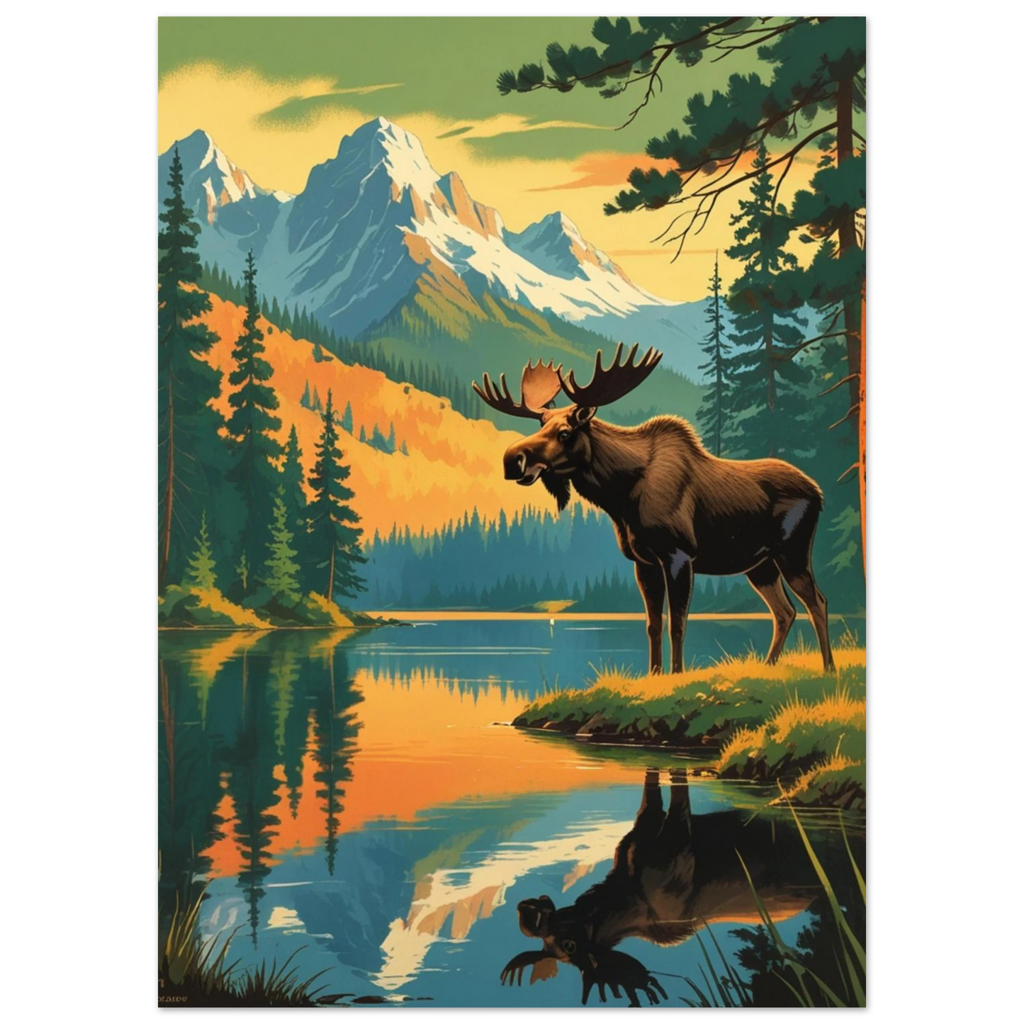 Naturmotiv med älg i solnedgång framför majestätiska berg och barrskog