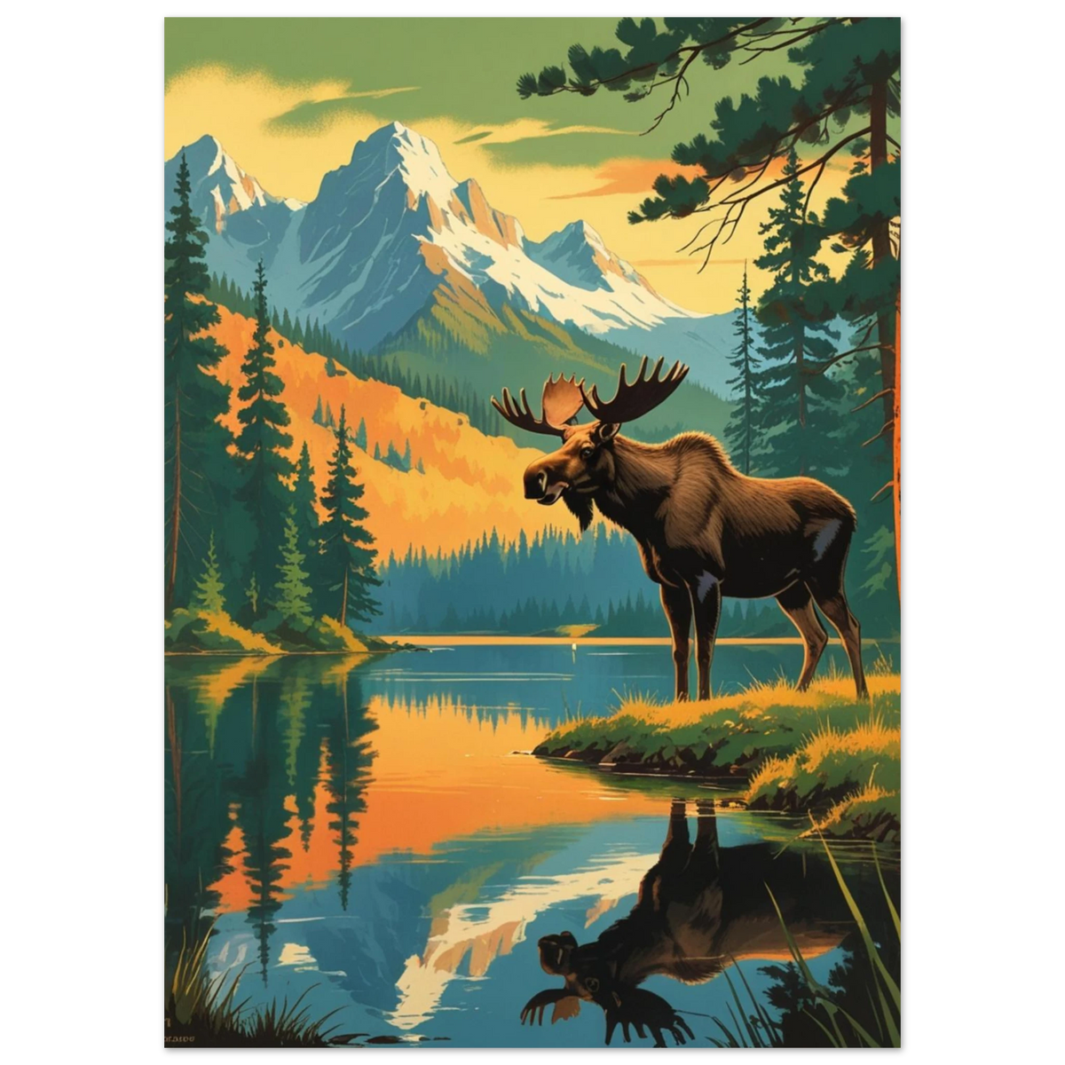 Naturmotiv med älg i solnedgång framför majestätiska berg och barrskog