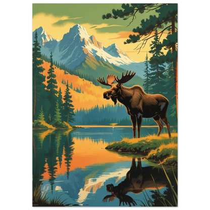 Naturmotiv med älg i solnedgång framför majestätiska berg och barrskog