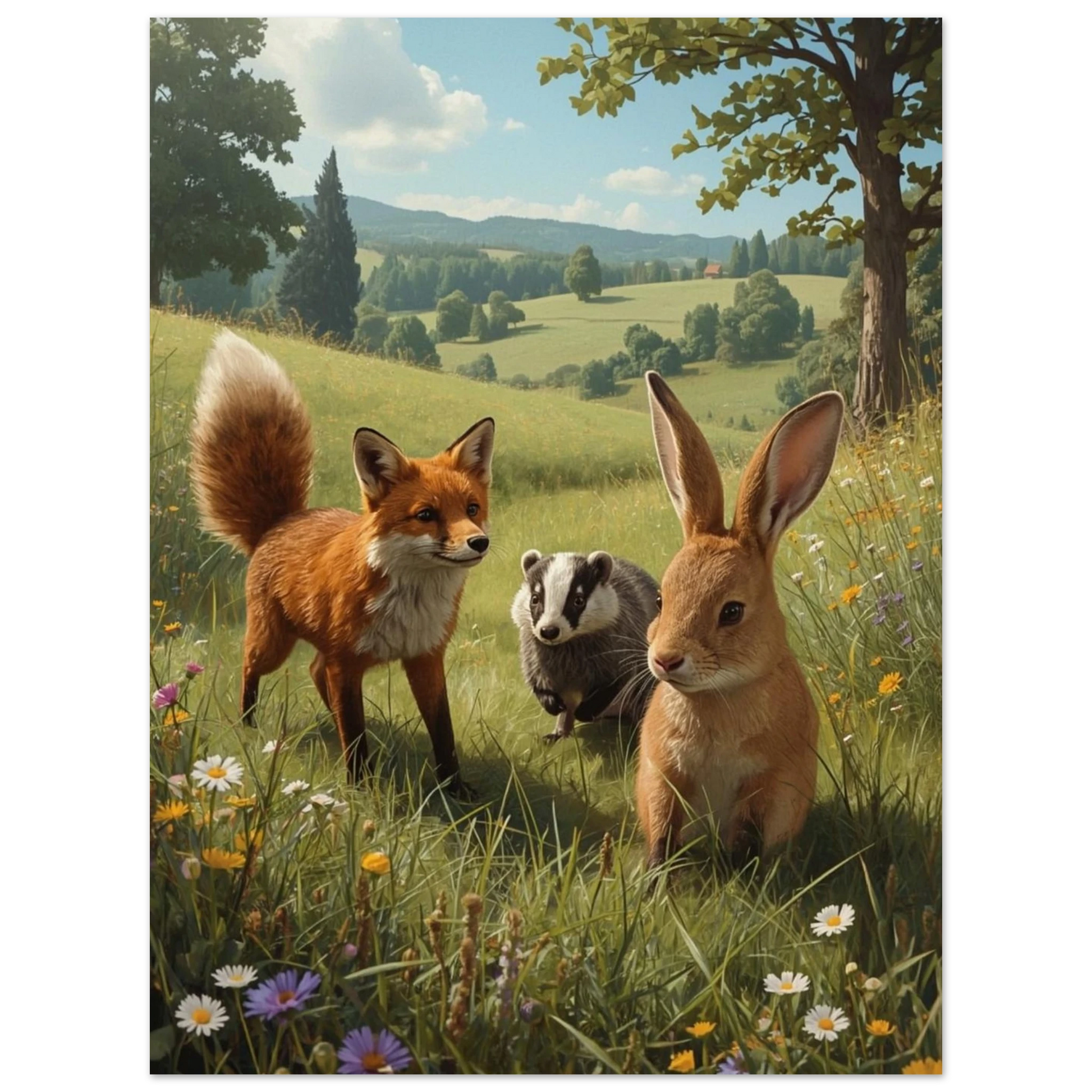 Målad bild av kanin, räv och grävling i somrigt landskap med frodig grönska. – Målad poster