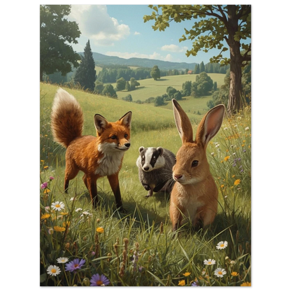 Målad bild av kanin, räv och grävling i somrigt landskap med frodig grönska. – Målad poster