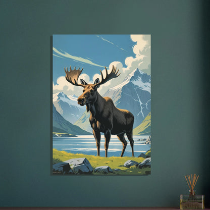 Majestätisk älg i nordiskt fjällandskap, vintage skandinavisk stil.