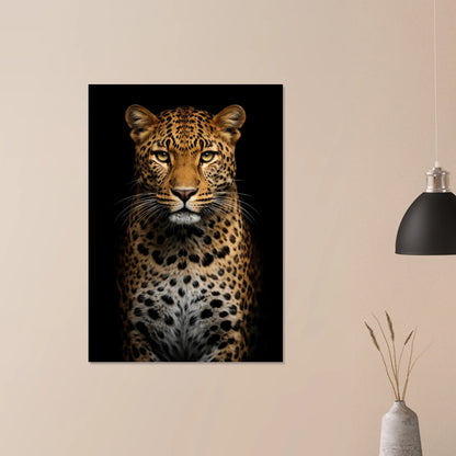 Leopard poster hängande på en ljus vägg bredvid en svart lampa – Fotorealistisk poster