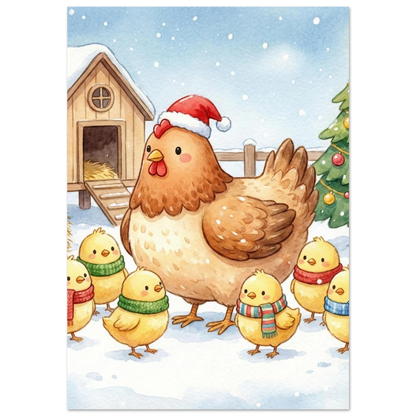 Brun höna i tomteluva med kycklingar i gröna och röda halsdukar – akvarell