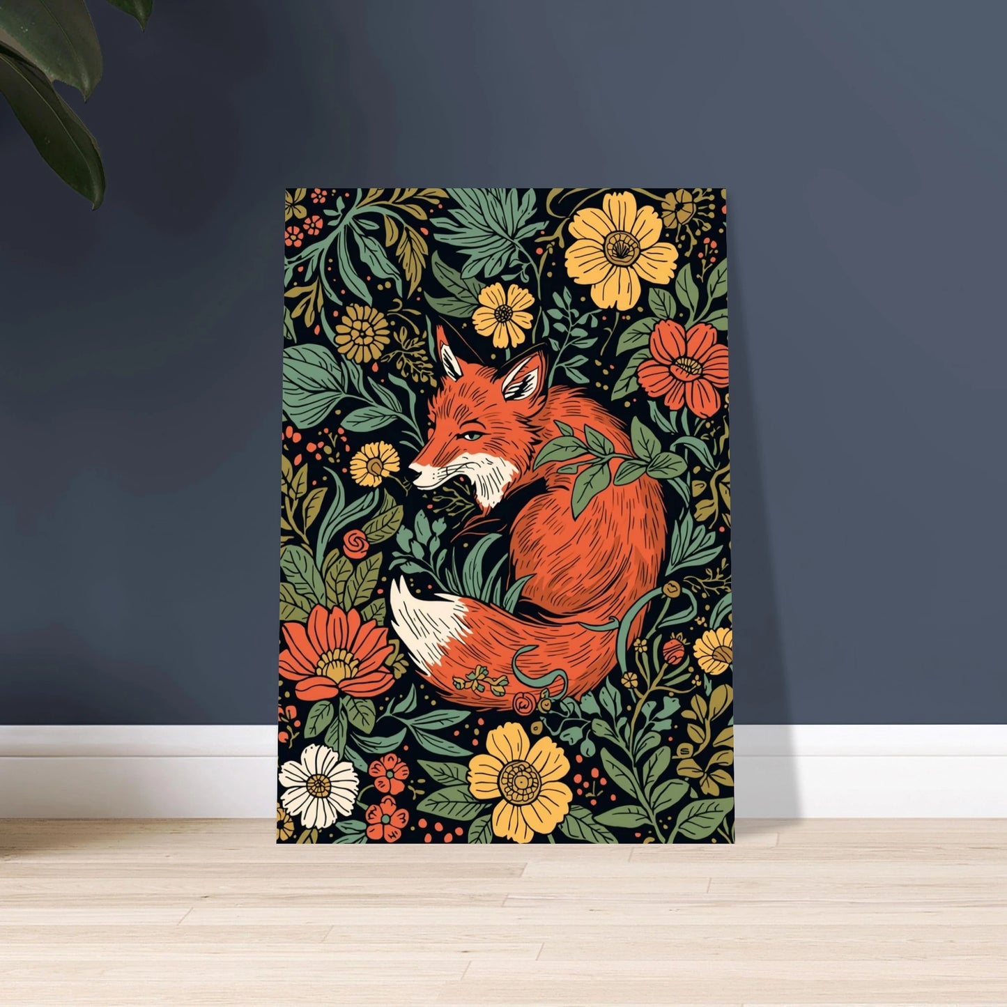 Räv inbäddad bland blommor, konstnärlig illustration med detaljerad flora.