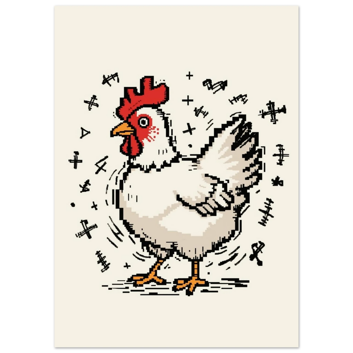 Närbild på pixelmålad höna med grafiska doodle-element, modern djurposter