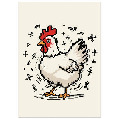 Närbild på pixelmålad höna med grafiska doodle-element, modern djurposter