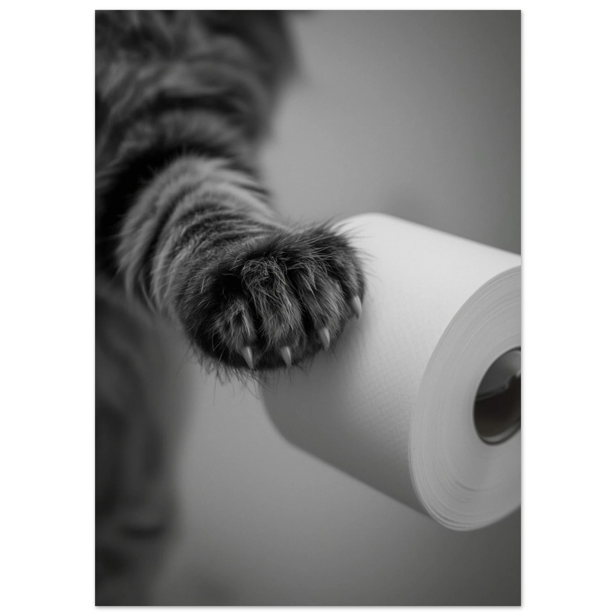 Svartvit fotoposter av en randig kattass med utdragna klor