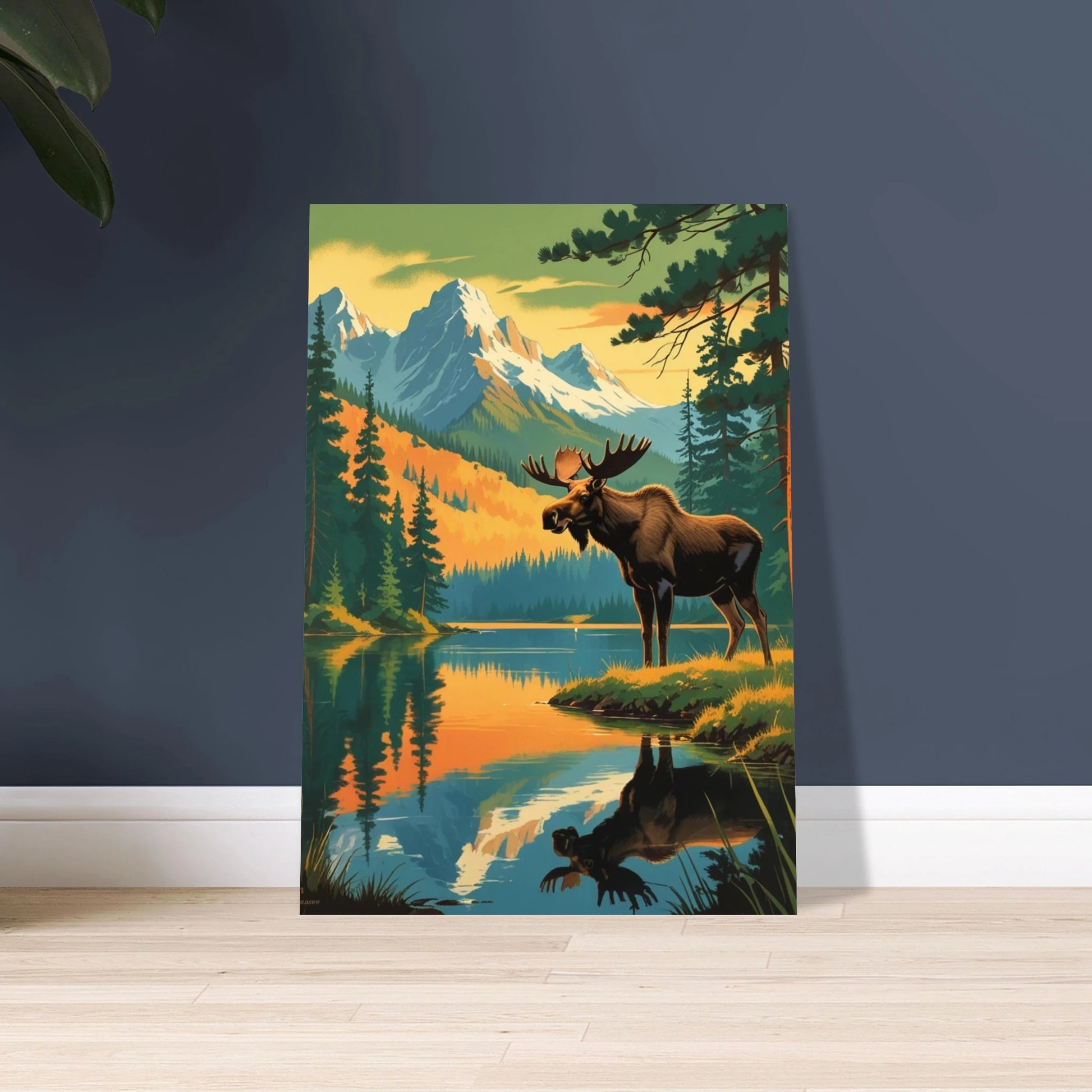 Majestätisk älg vid sjö i bergigt landskap, vintage posterstil