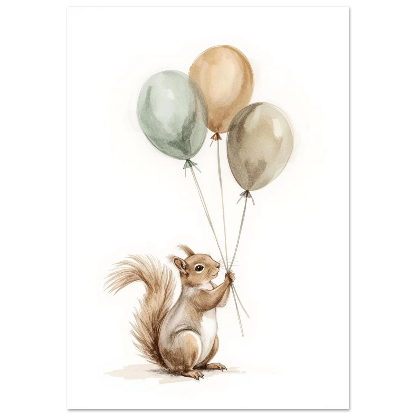 Ekorre med ballonger i beige och grönt – akvarellposter barnrum