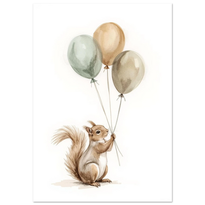 Ekorre med ballonger i beige och grönt – akvarellposter barnrum