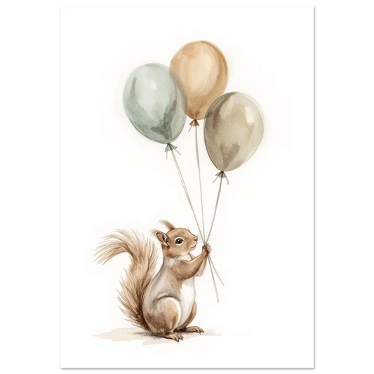 Ekorre med ballonger i beige och grönt – akvarellposter barnrum