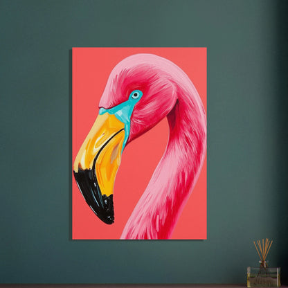 Färgstark flamingo i Pop Art-stil, livfulla nyanser, konstnärlig djurposter.