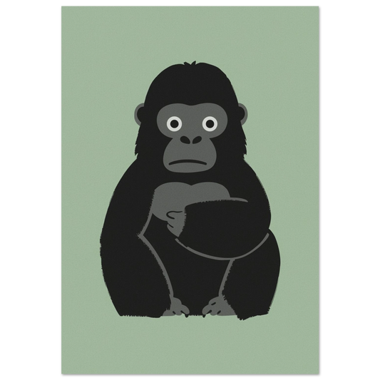 Grafisk illustration av en sittande svart gorilla mot mintgrön bakgrund