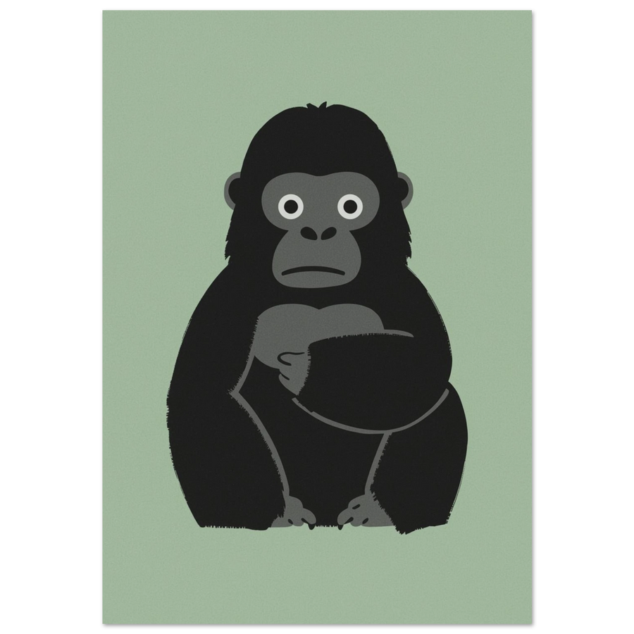 Grafisk illustration av en sittande svart gorilla mot mintgrön bakgrund