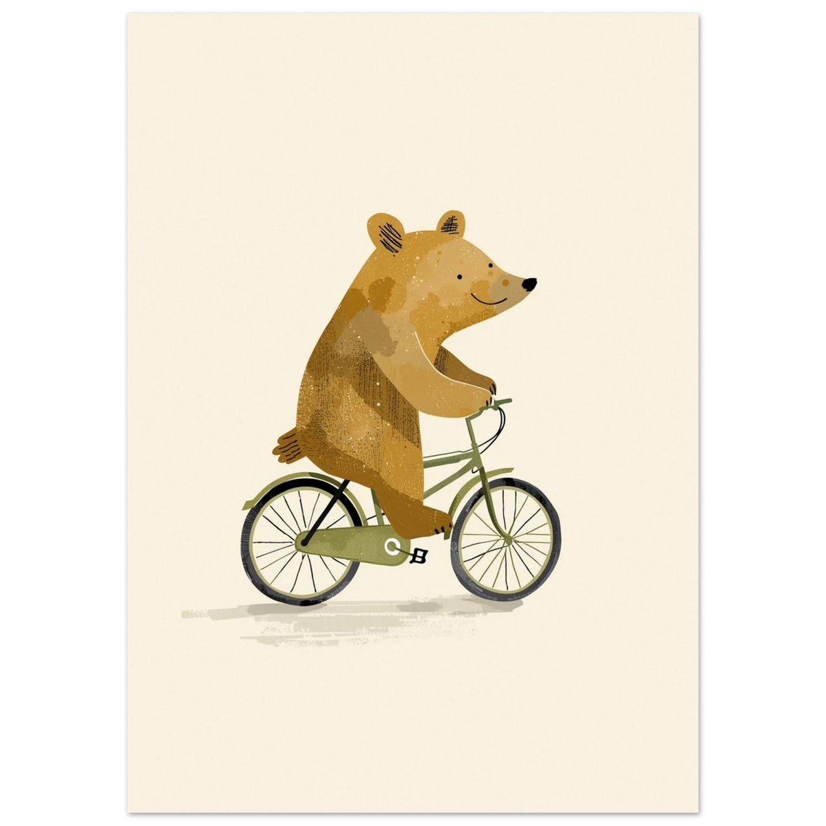 Lekfull djurposter med en cyklande björn i varma beigea toner