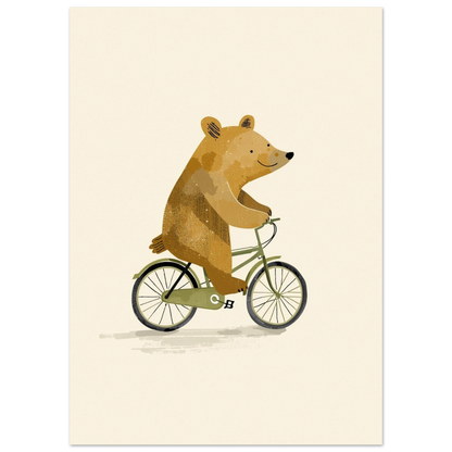 Lekfull djurposter med en cyklande björn i varma beigea toner