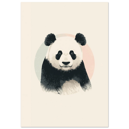 Svartvit panda i grafisk illustration med mjukt rosa och grön cirkelbakgrund