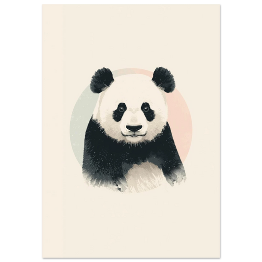 Svartvit panda i grafisk illustration med mjukt rosa och grön cirkelbakgrund