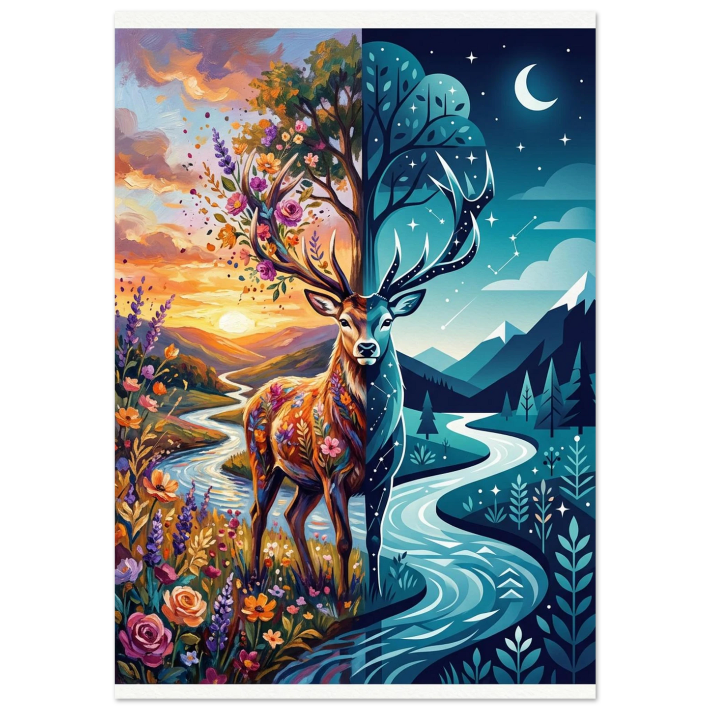 Surrealistisk hjortposter med kluvet motiv mellan solnedgång och stjärnklar natt