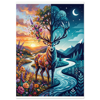 Surrealistisk hjortposter med kluvet motiv mellan solnedgång och stjärnklar natt