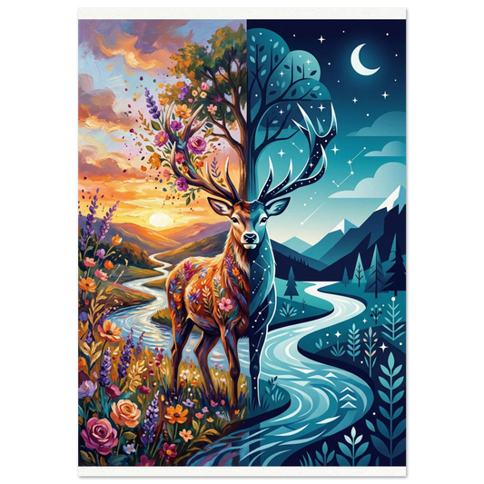 Surrealistisk hjortposter med kluvet motiv mellan solnedgång och stjärnklar natt