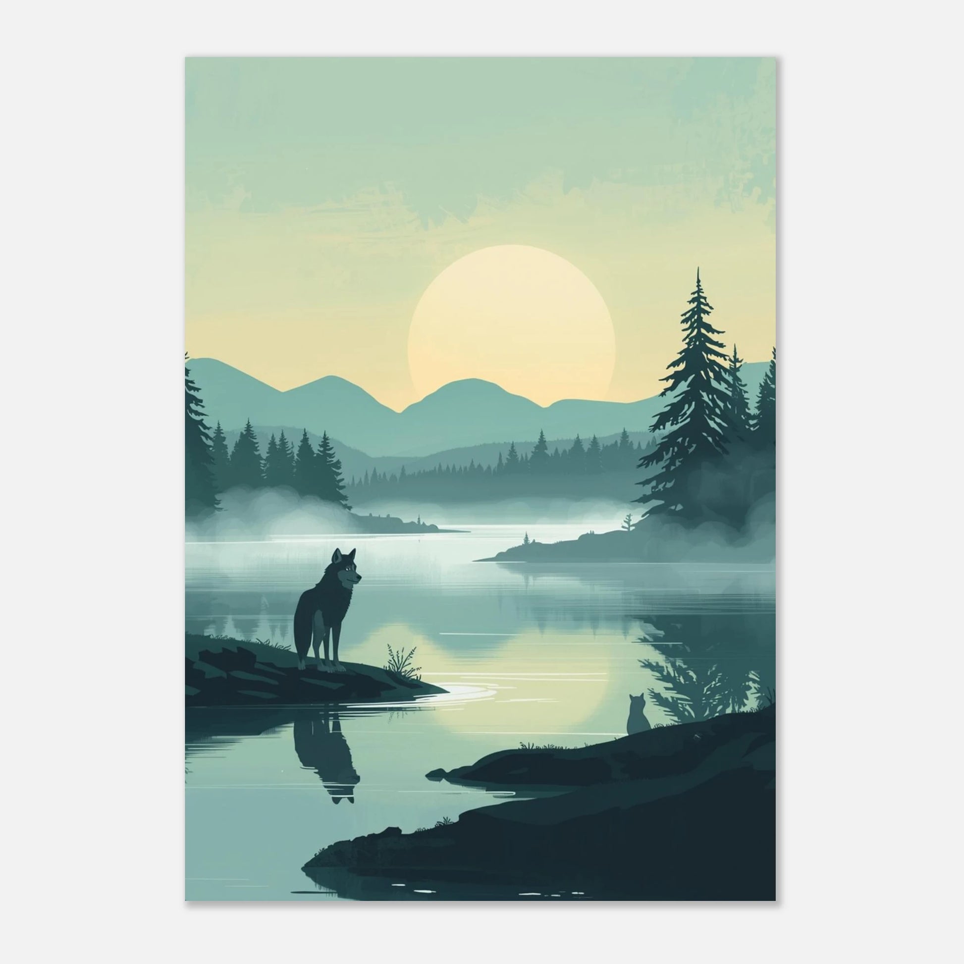 Minimalistisk varg vid vattenbrynet i en förtrollad skog, grafiskt tryck