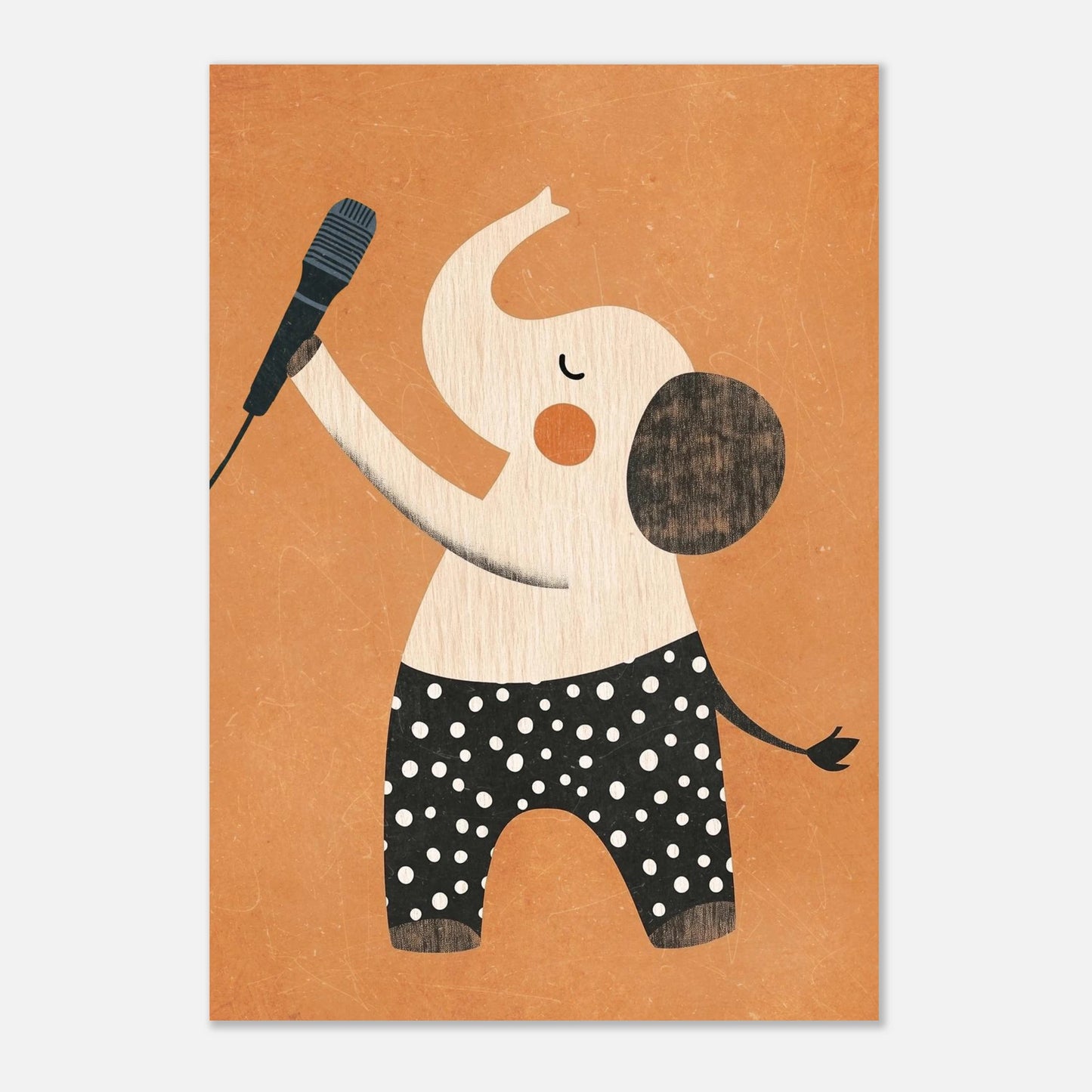 Varmt orange tavla med en sjungande elefant i prickig outfit