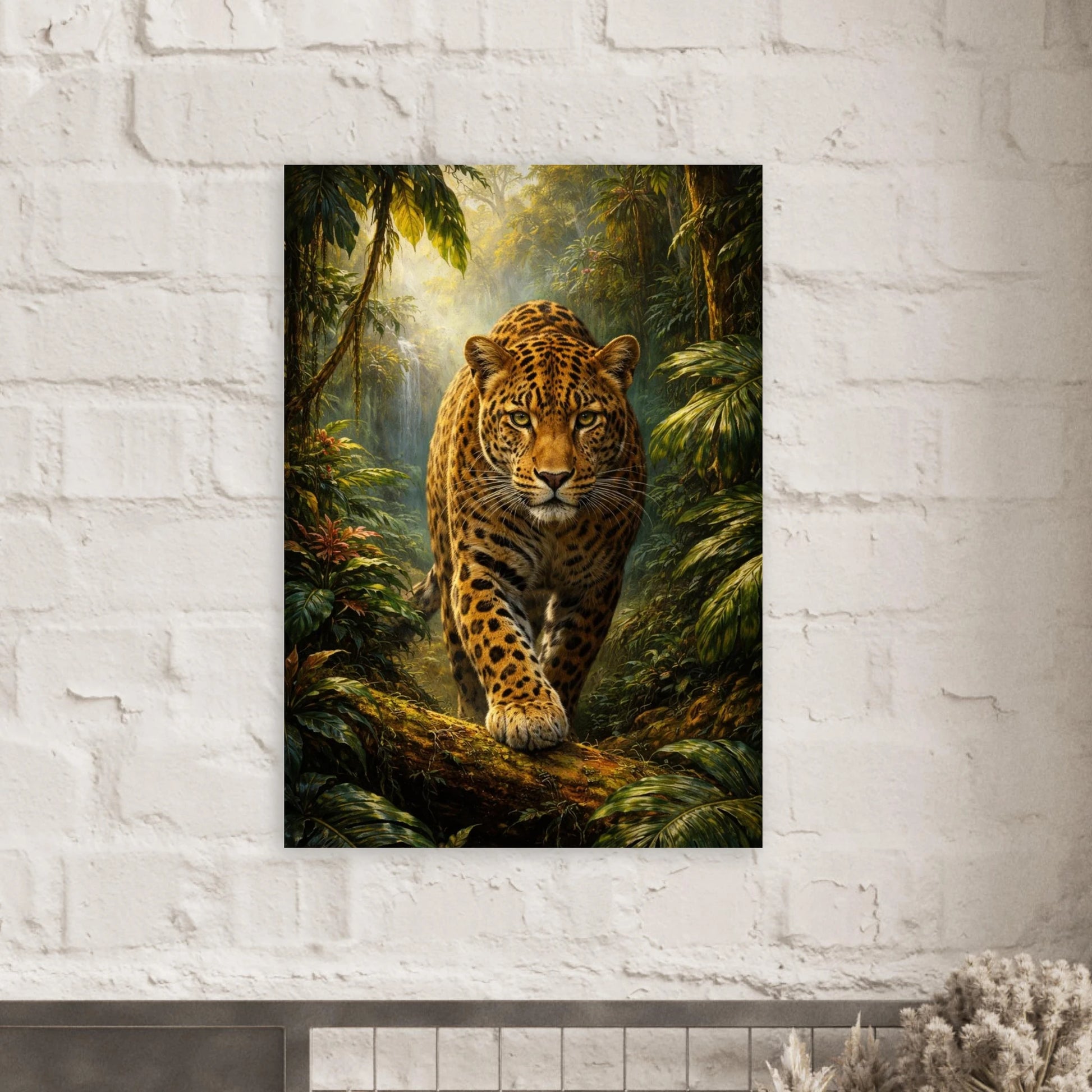 Leopard i djungel poster upphängd på vit tegelvägg över bänkskiva – Målad poster